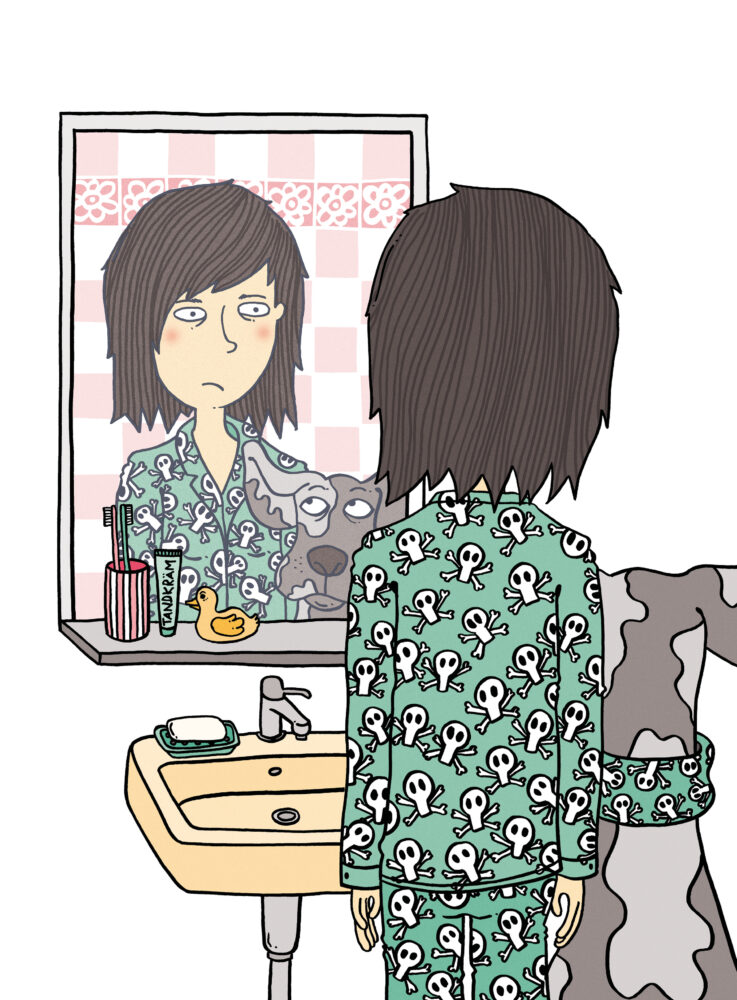 Illustration med en trött kvinna i pyjamas framför badrumsspegeln.