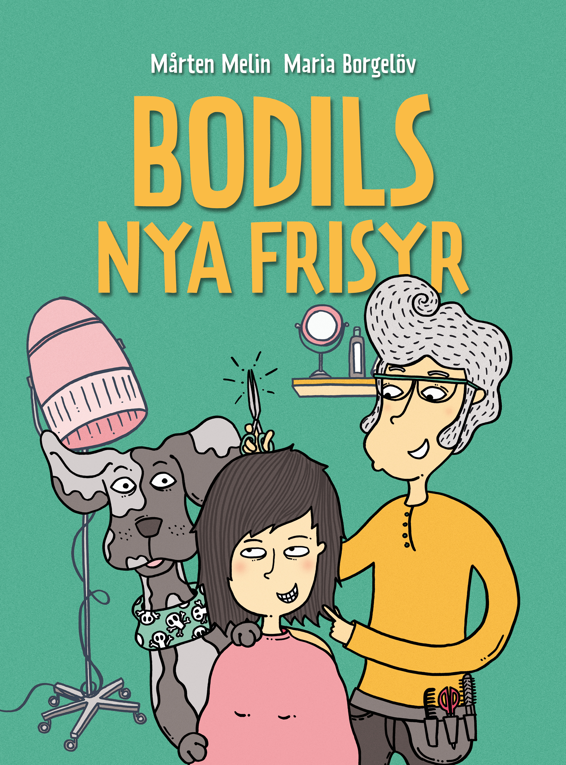 Bokomslag "Bodils nya frisyr". Illustration som föreställer en kvinna och hennes hund hos frisören.