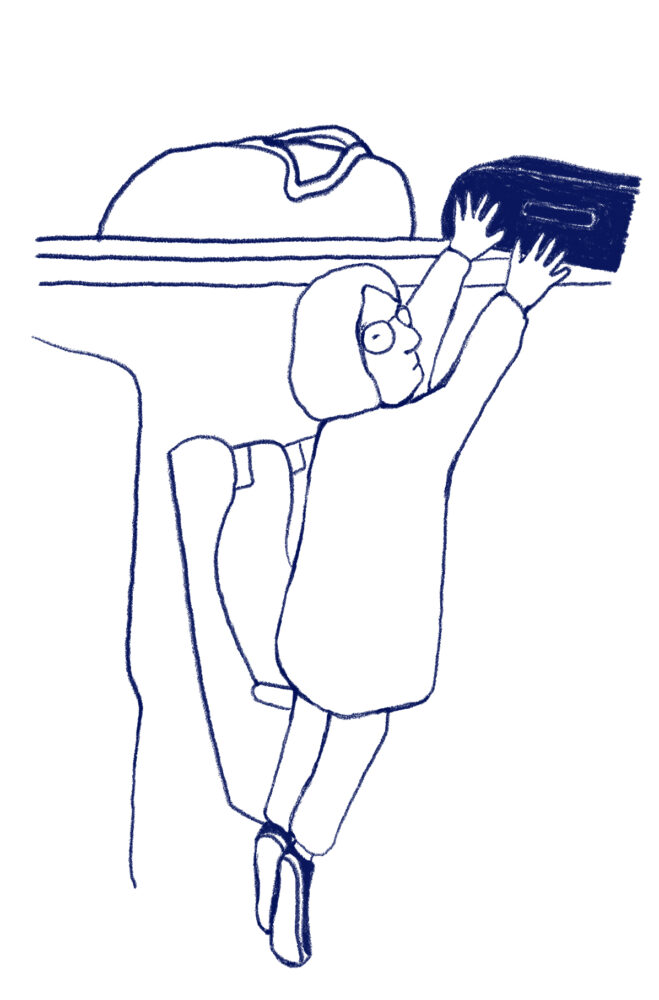 Digital illustration av en person som lägger upp en väska på hatthyllan på ett tåg