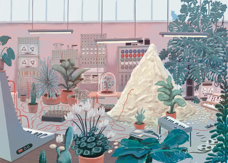 Colourful interior scene with synths and plants in strange symbiosis.