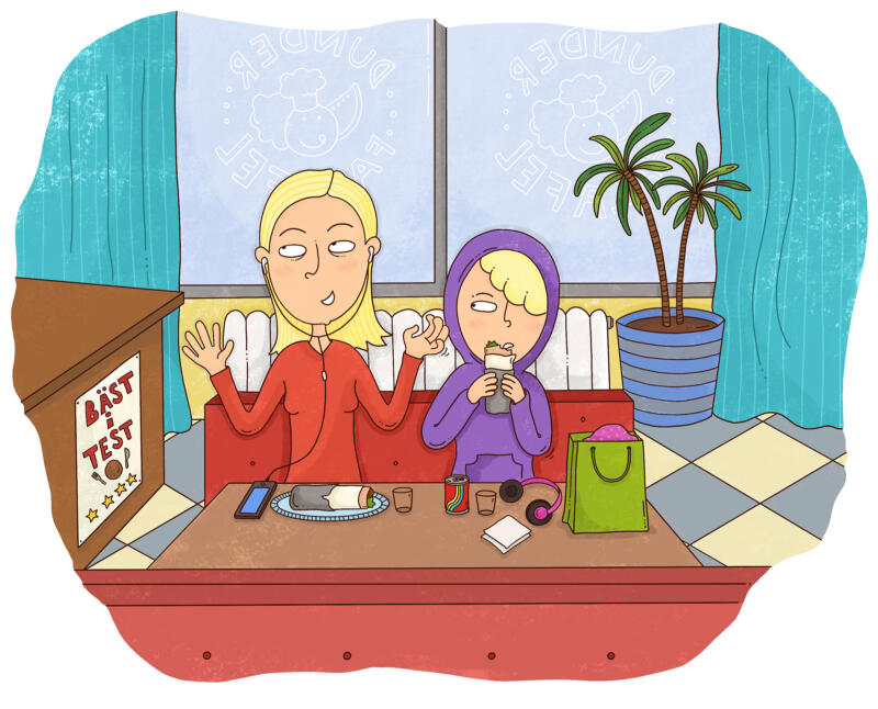 Illustration till boken Stopp! Min kropp! Bilden föreställer en mamma och ett barn på en falafelrestaurang.