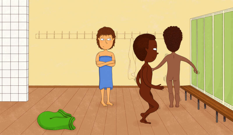 Illustration till boken Stopp! Min kropp! Bilden föreställer tre barn i ett omklädningsrum.