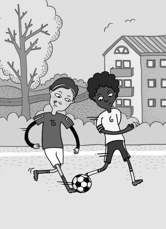 Illustration av två barn som spelar fotboll.