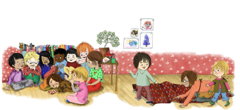 Illustration ur boken Barnkammarboken, barn som leker björnen sover. 
