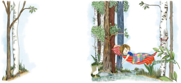 illustration ur boken Barnkammarboken från Bonnier Carlsen, en pojke latar sig i hängmattan, vid en sjö, i en skog. Illustration för Astrid Lindgrens mors lilla lathund.