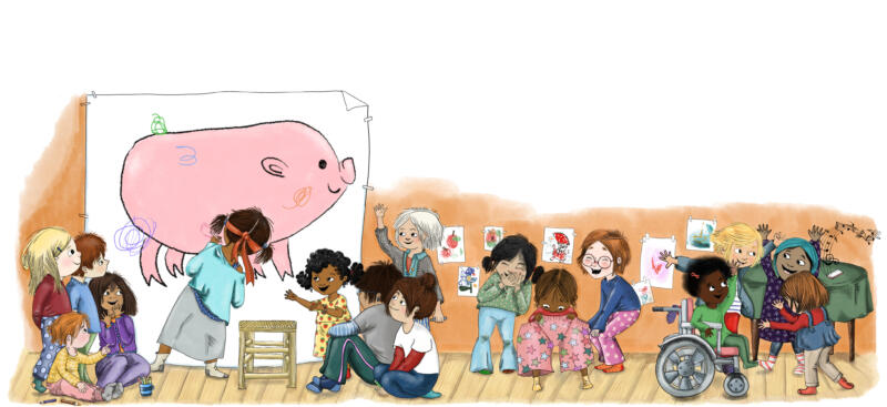 Illustration ur boken Barnkammarboken, barn som leker olika leker, exempelvis sätta knorr på grisen.