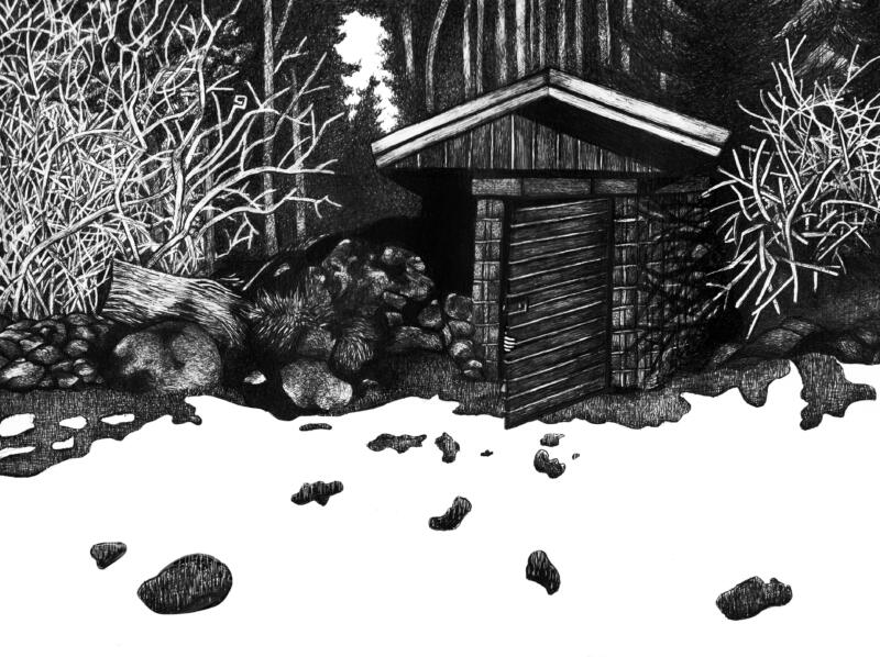 Illustration av jordkällare med tomte i. Lundaskog, Bångenstorp, Nyköping. Illustrerad av Hedvig Wisselgren.