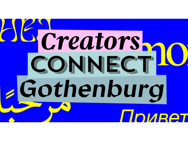 Texten "Creators connect Gothenburg" står på blå och gul mönstrad bakgrund.