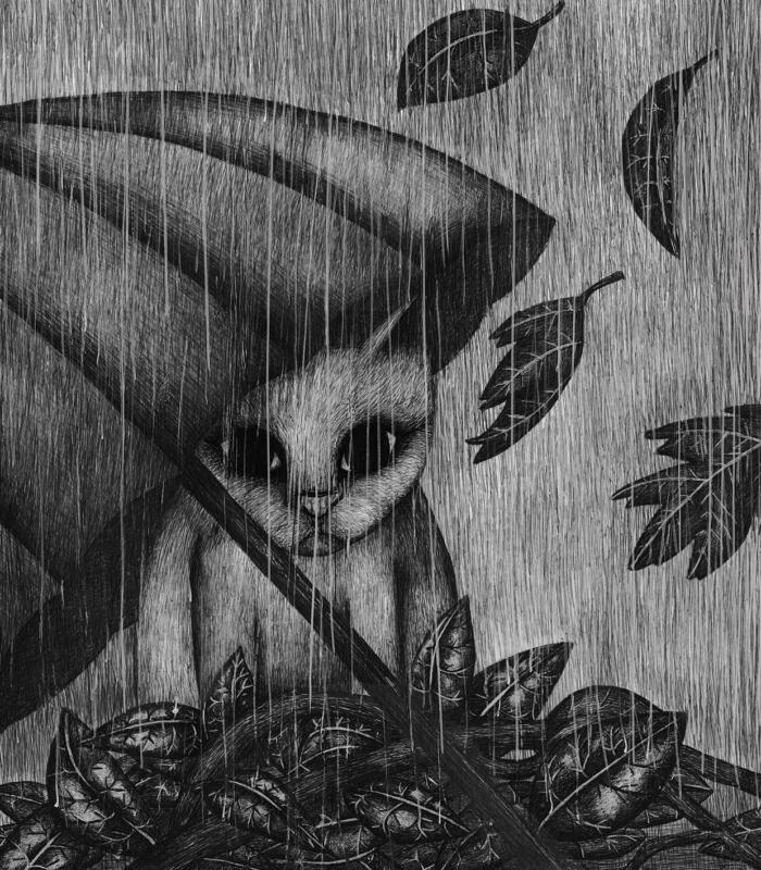 Illustration av katt i regn. Tecknad med bläck. Illustrerad av Hedvig Wisselgren.