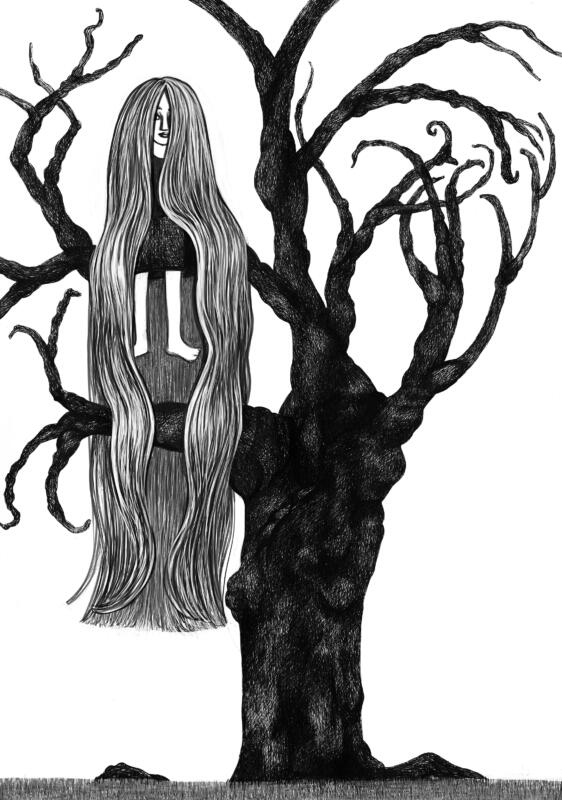 Illustration av en långhårig flicka som sitter på en gren i ett träd. Tecknad med bläckpenna av Hedvig Wisselgren.