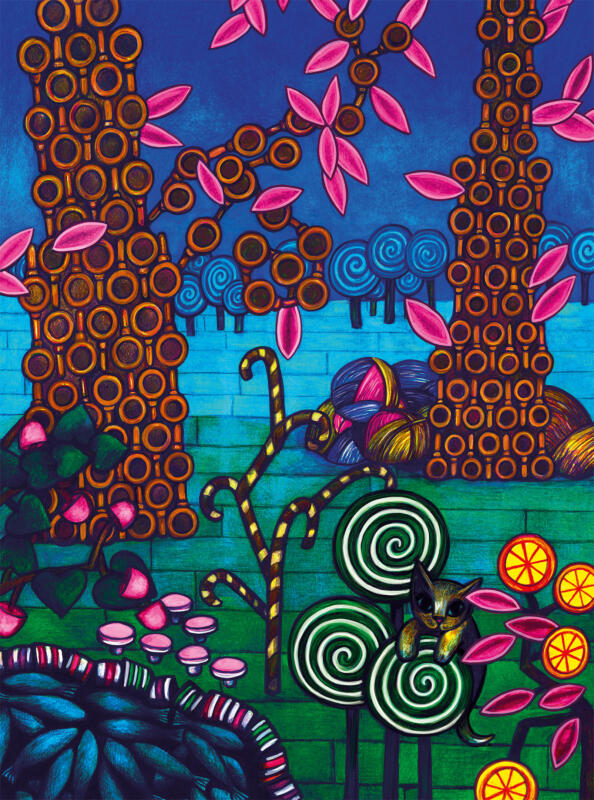 Illustration av godisskog. Tecknad med färgpennor av Hedvig Wisselgren.