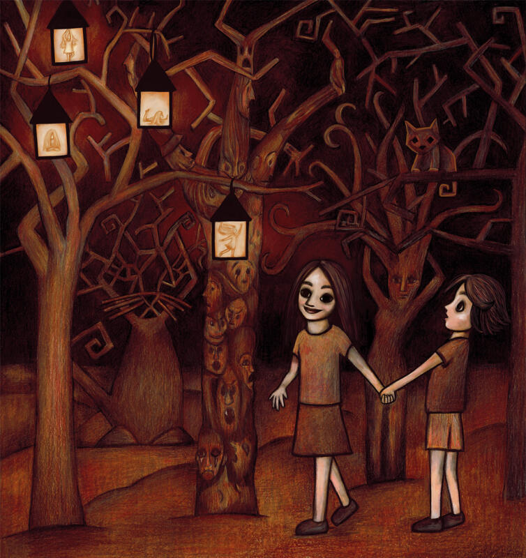 Illustration av barn i en mystisk skog. Tecknad med färgpennor av Hedvig Wisselgren.