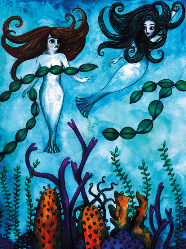 Två sjöjungfrur i vatten. Målad med akvarell, tecknad med färgpennor.