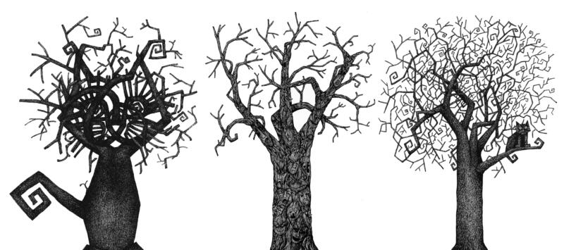 Illustration av tre träd. Katt-träd. Läskigt träd och kantigt träd. Tecknad med tusch av Hedvig Wisselgren.