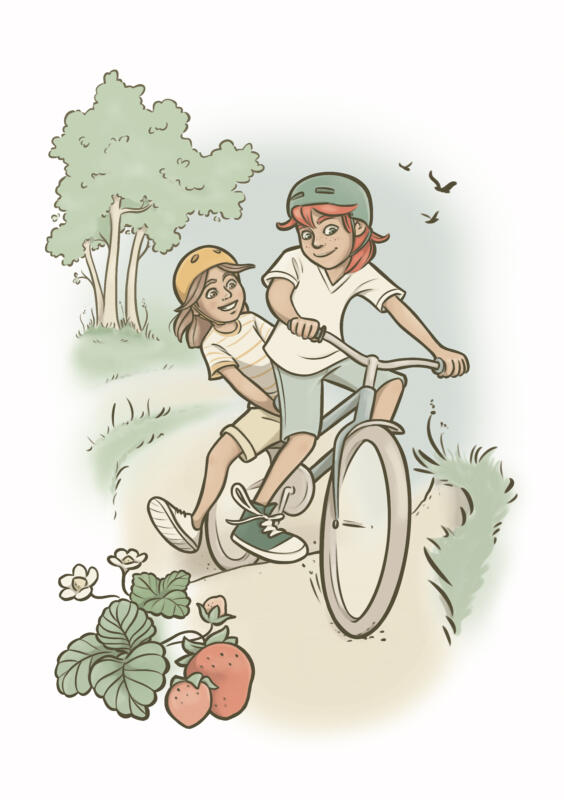Tecknad bild på två barn sitter på samma cykel på somrig landsväg med jordgubbar