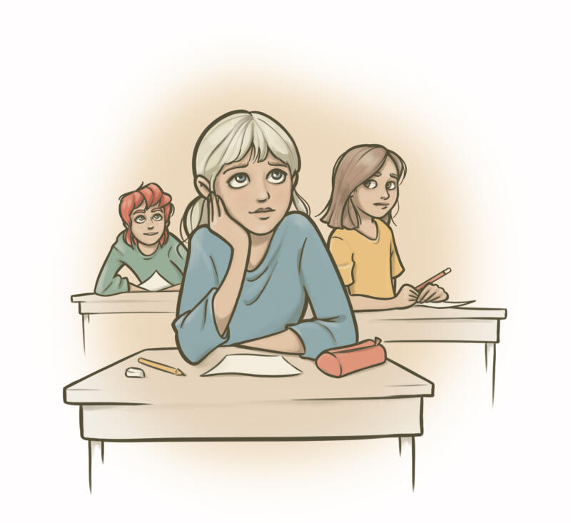 Tecknad bild på tre skolbarn i sina skolbänkar två lyssnar på läraren och ett barn sneglar på sin klasskamrat