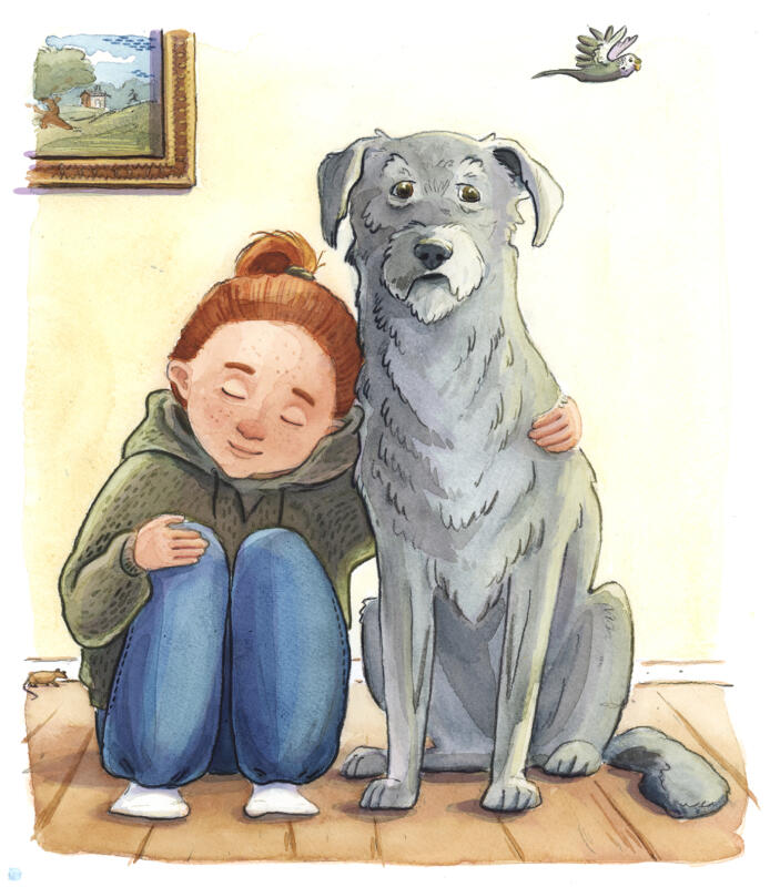 En akvarell av karaktären Lisen, hon sitter på golvet med sin hund. 
