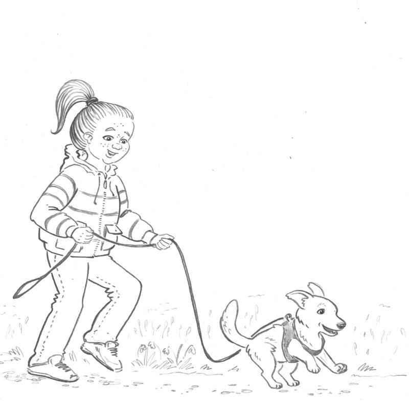 Karaktären Lisen är ute på promenad med henens hundvalp. 