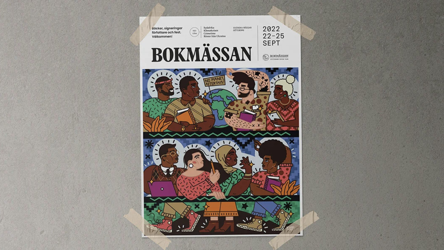 Affisch med illustreade männiksor och texten bokmässan 2022