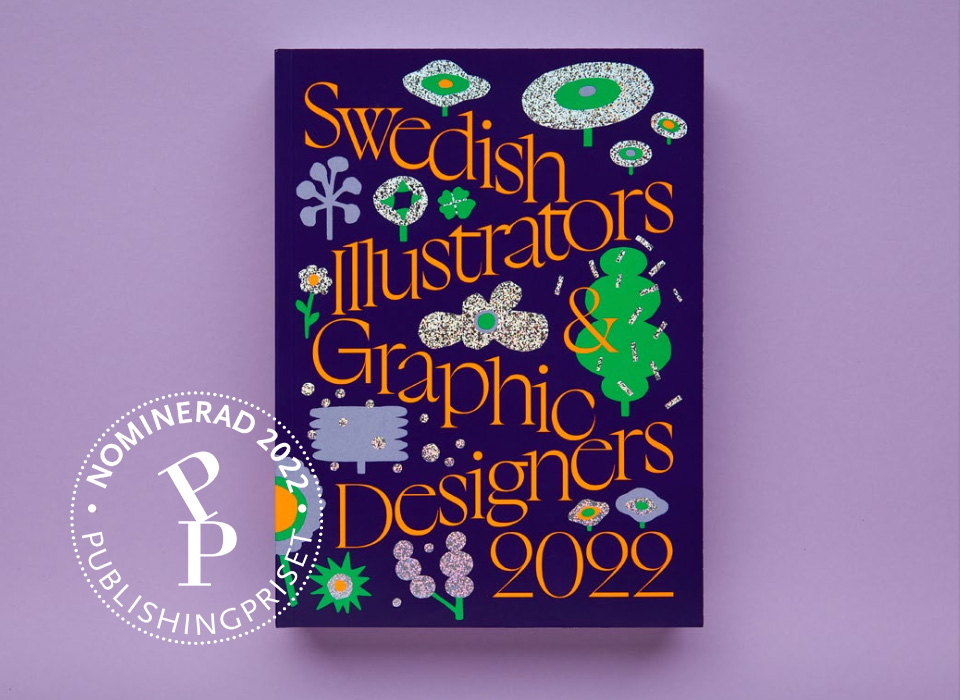 Katalog med lila botten och glitter och orange bokstäver Swedish Illustrators and Graphic designers