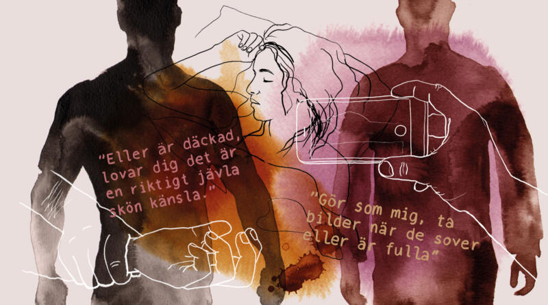Redaktionell illustration bestående av ett collage av tuschteckning, tusch och akvarell. Siluetter av män, mobil, sms, kvinna som sover. Färgerna är rött, orange, lila, svart och beige.