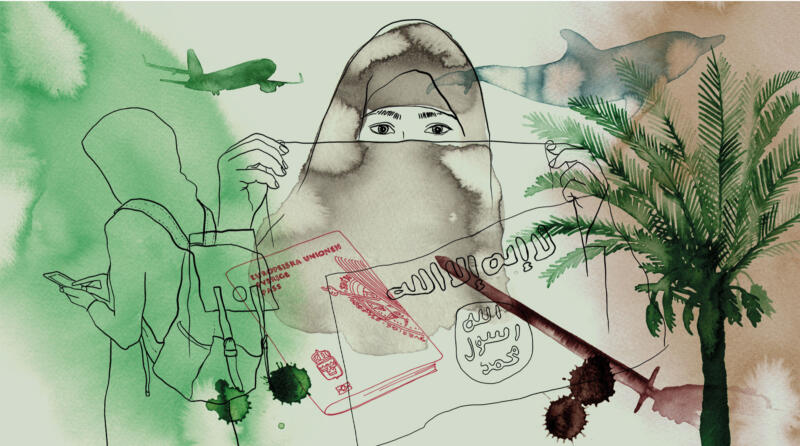 Redaktionell illustration bestående av ett collage av tuschteckningar, tusch och akvarell. Muslimsk tjej, pass, terrorister, mobiltelefon, flygplan, delfin och svärd. Bilden är i färgerna grön, röd och beige.