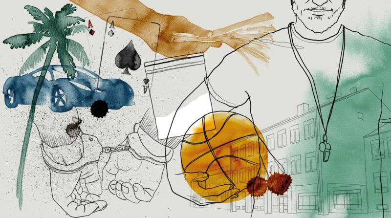 Redaktionell illustration bestående av ett collage av tuschteckningar, tusch och akvarell. Bilden föreställer polis, idrottslärare, hus, pengar, sportbil och palmer.