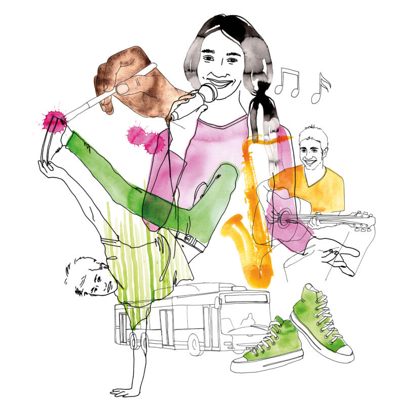 Redaktionell illustration bestående av ett collage av tuschteckning, tusch och akvarell. Siluetter av instrument, barn och ungdom som dansar, spelar gitarr,  sjunger blandat med buss, skor. Färgerna är grönt, rosa, lila, orange.