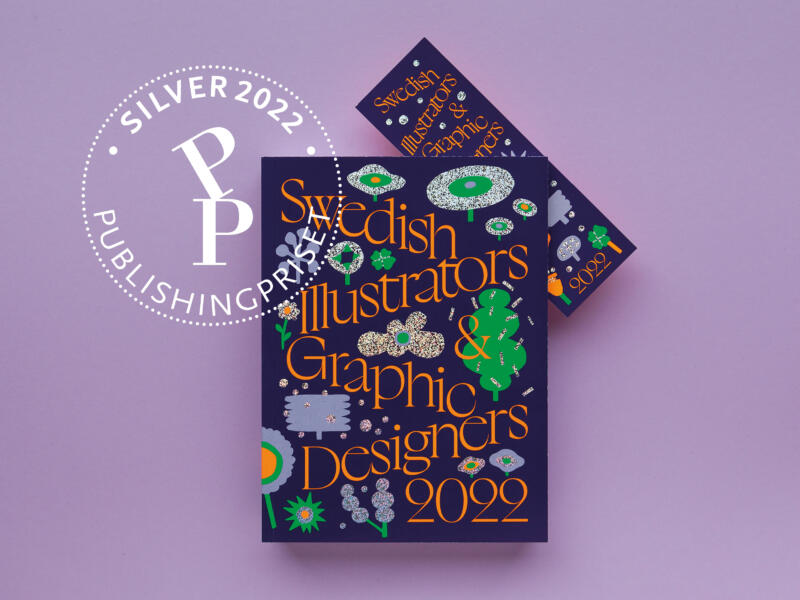 Flerfärgad katalog med titeln Swedish Illustrators and Graphic Designers