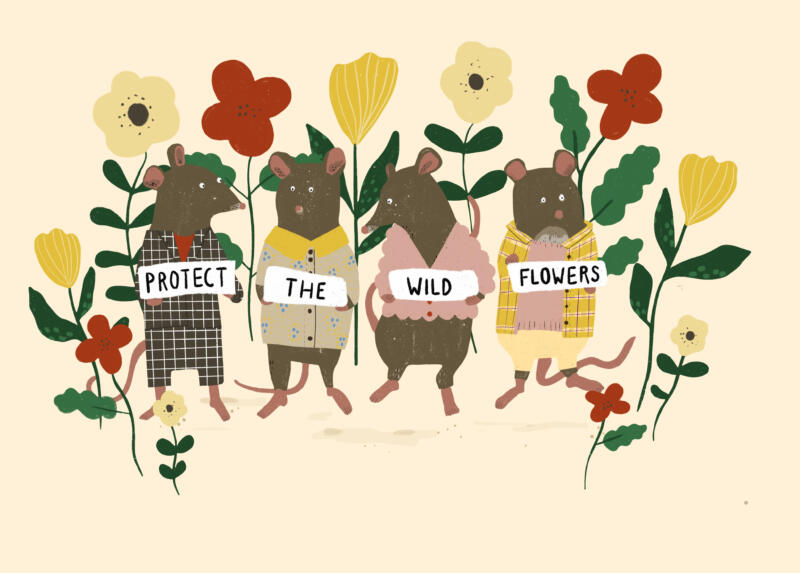 En barnslig illustration med fyra söta möss i färgglada kläder med skyltar som säger Protect the wild flowers. 