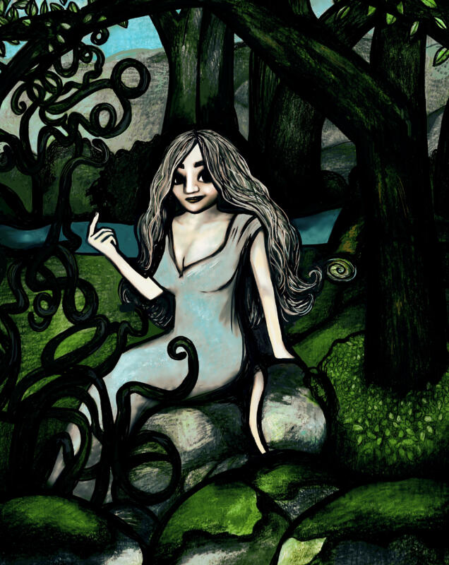 Skogsrå som lockar, trollskog. Målad med akvarell, tecknad med färgpennor och Photoshop.