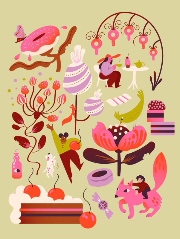 Vektorillustration av barn och djur som befinner sig bland växter som består av godis.