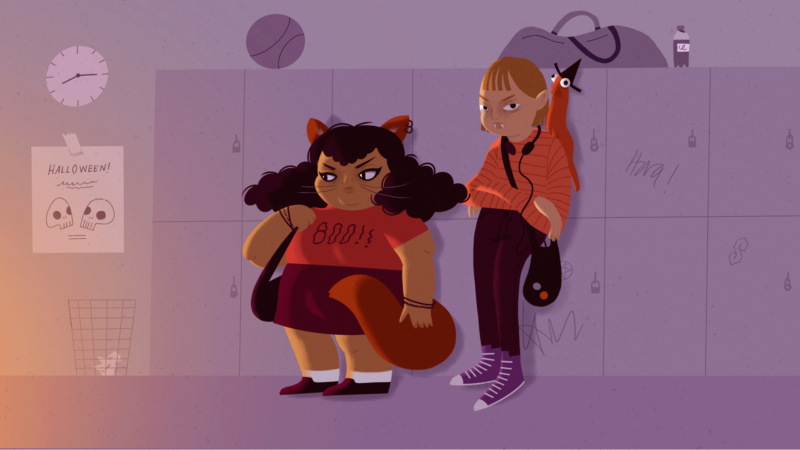 Två tonårsflickor och en ödla i en skolkorridor