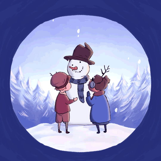 Handritad animation på tema jul och vinter, föreställande snögubbe och barn i gammeldags kläder