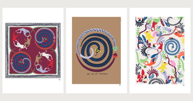En samling med tre färgglada affischer med djur och växtmönster för barn