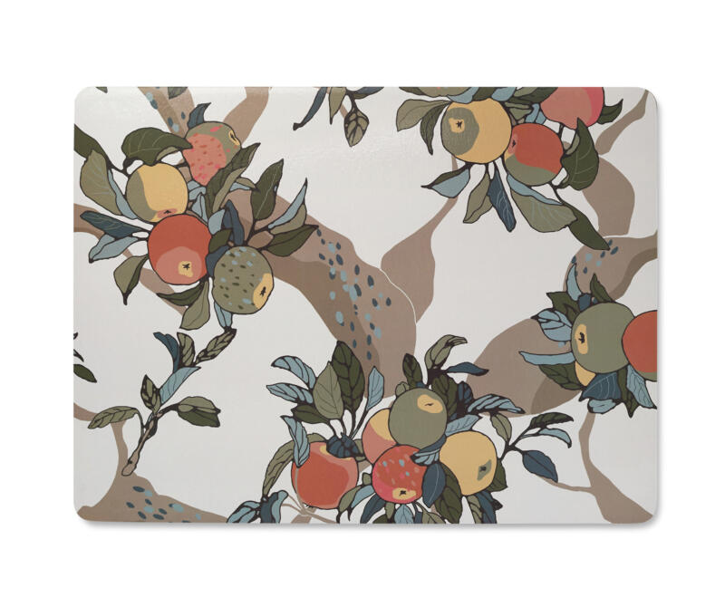 En bordstablett med mönster av äpplen och grenar.