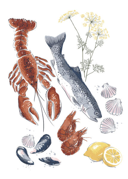Illustration av fisk och skaldjur på vit kökshandduk.