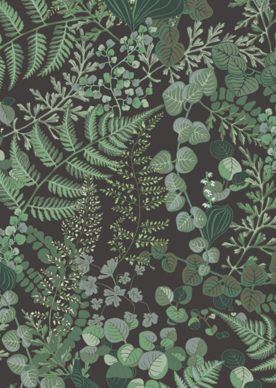 Organiskt bladmönster i gröna toner på mörk botten, detaljbild.