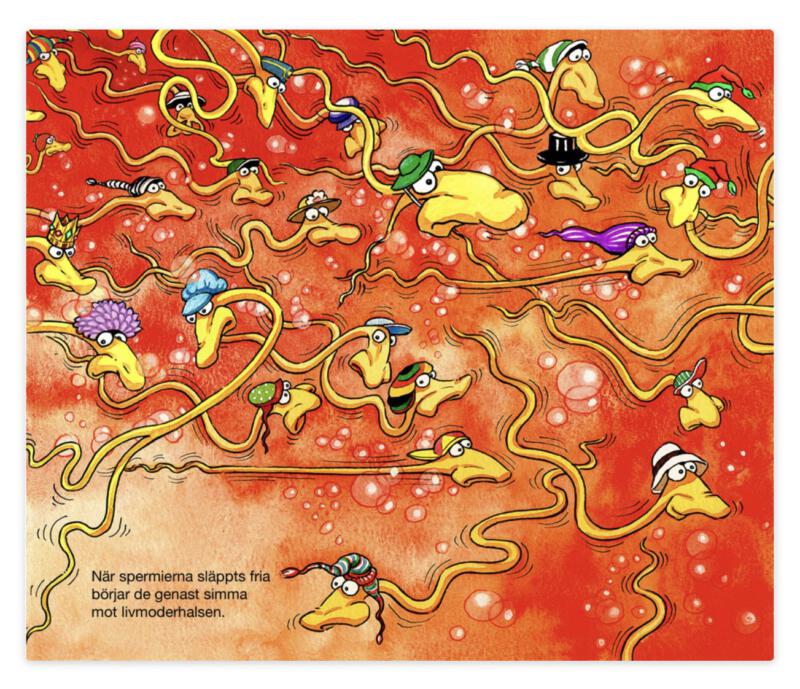 Illustration till barnboken Spermie plus ägg är lika med bebis 