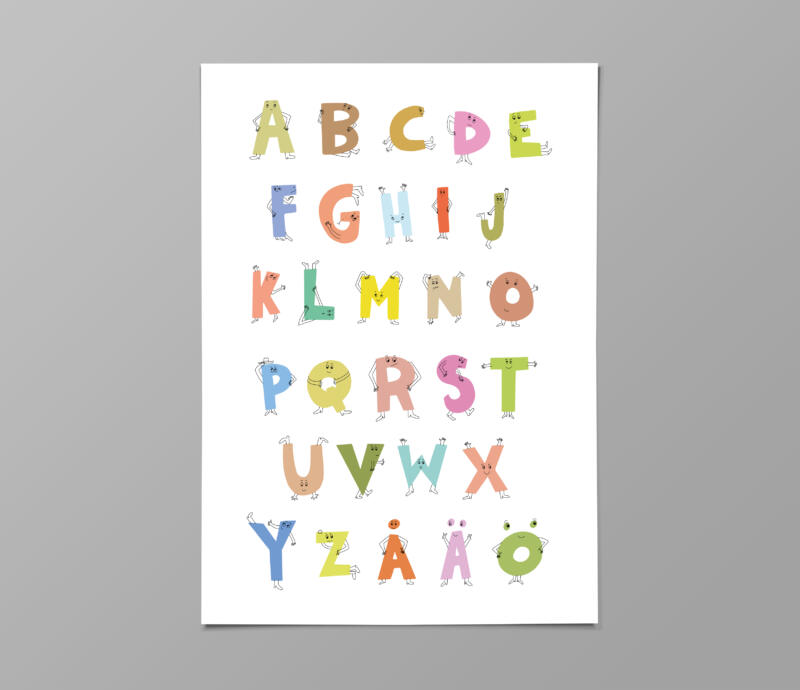 alla bokstäver, hela alfabetet i glada färger passar bra i barnrum och för att lära sig läsa och skriva på ett roligt sätt 