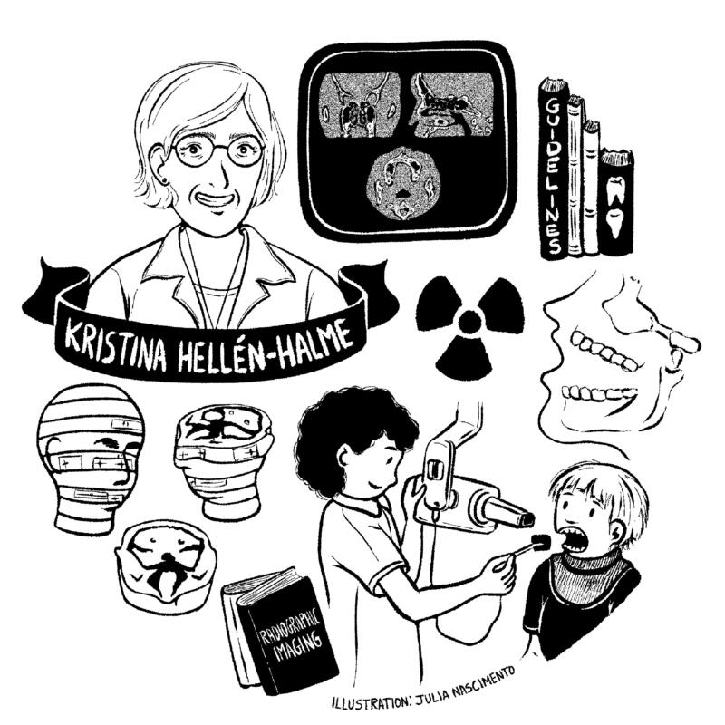 Illustrerat porträtt av Kristina Hellén-Halme omgiven av röntgenutrustning