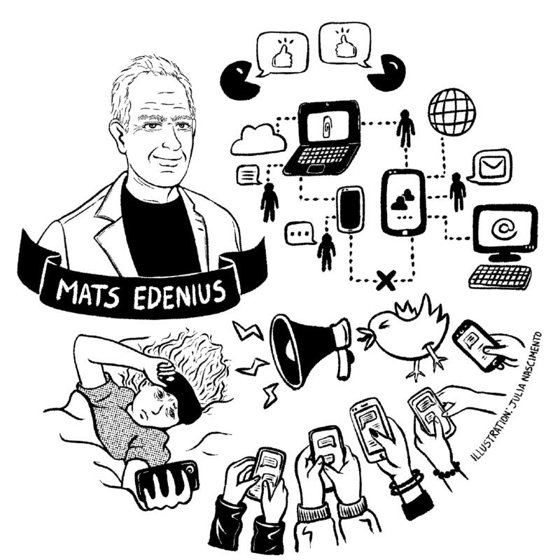Illustration av Mats Edenius, och människor som kommunicerar via mobiler och datorer
