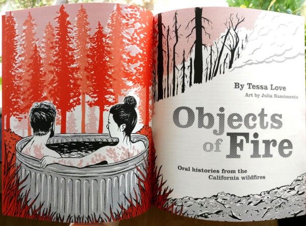 Fotografi av en illustration i svartvitt och rött av ett par i ett badkar i skogen till vänster och en bränd skog till höger med en titel i mitten