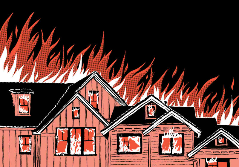 illustration i svartvitt och rött av flera hus som brinner