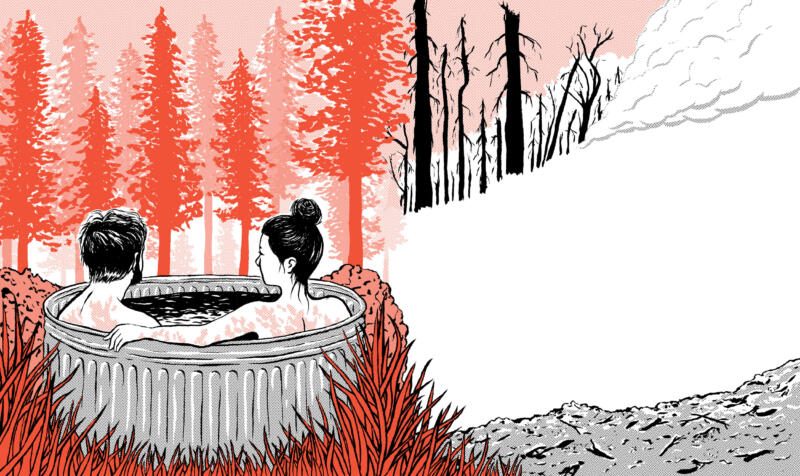 Illustration i svartvitt och rött av ett par i ett badkar i skogen till vänster och en bränd skog till höger