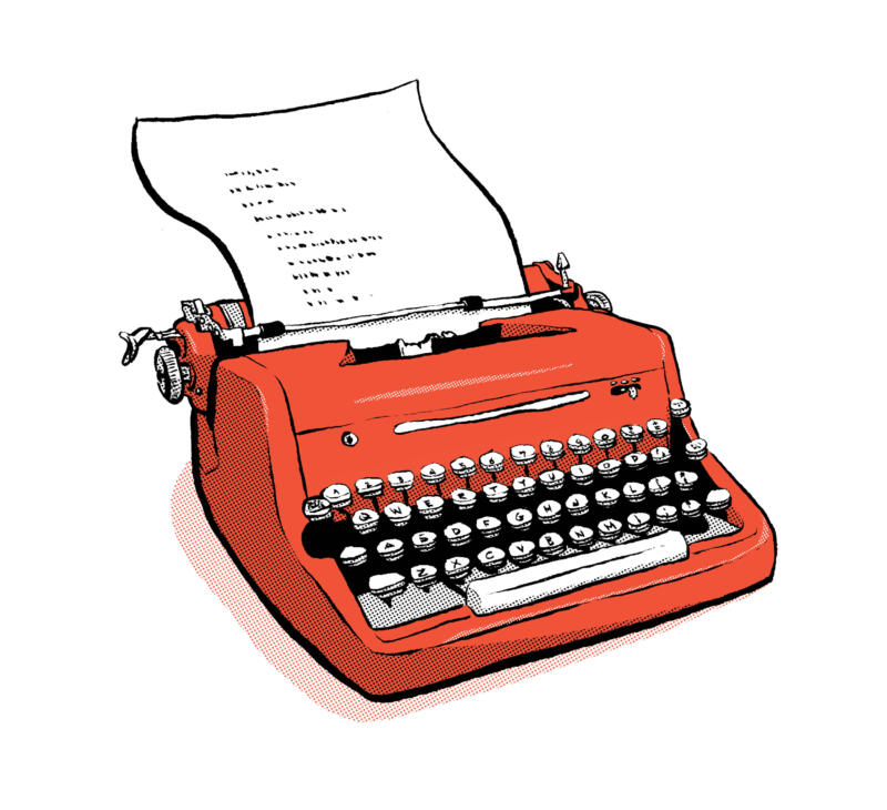 Illustration i svartvitt och rött av en skrivmaskin