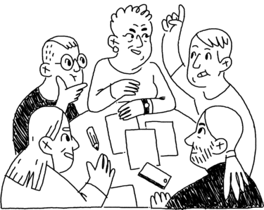 Svartvit illustration av människor som möts och samtalar runt ett bord.