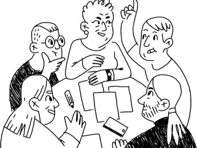Svartvit illustration av människor som möts och samtalar runt ett bord.