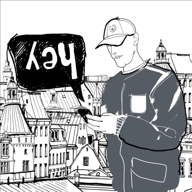 handgjord illustration av ung kille som håller telefon framför stad av ritade hus
