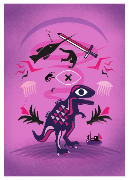 Dinosaurie i ett rosa drömlandskap med fiskar, båtar och fallande personer.